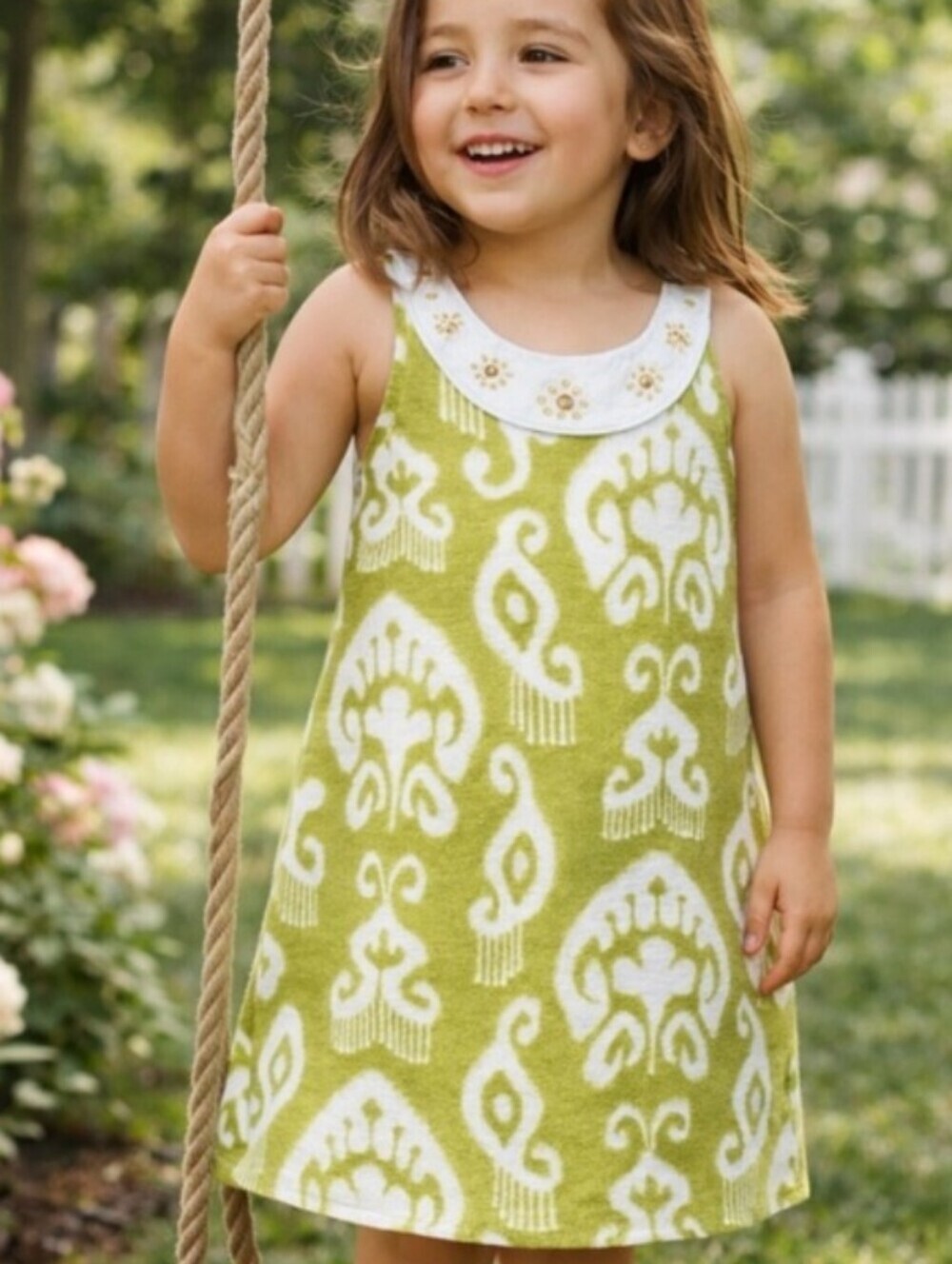 Gymboree Sleeveless Green Greek Isles Summer Dress with Jeweled Collar Sz. 4 EUC